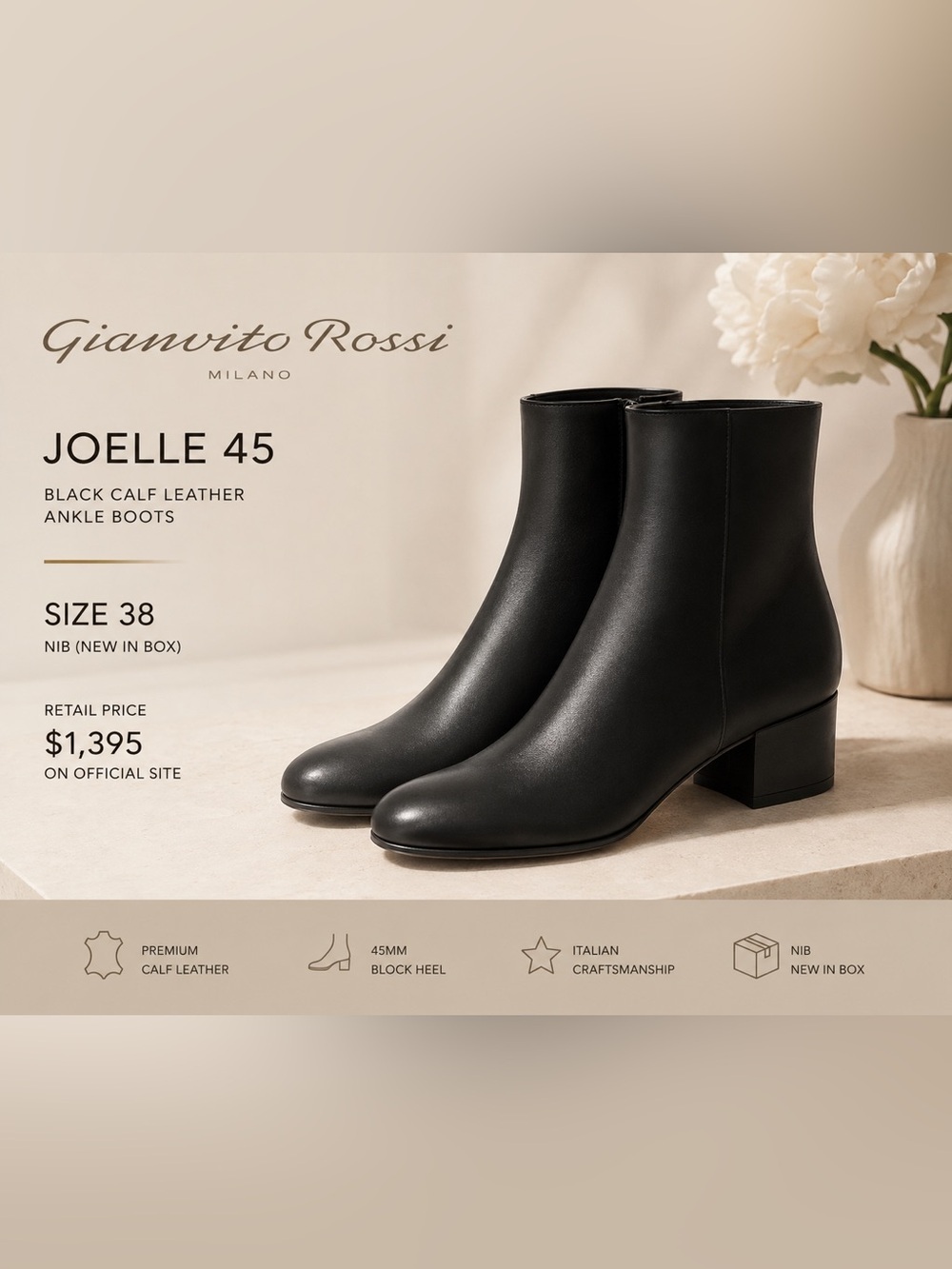 Gianvito Rossi Black Calf Leather Ankle Boots - Joelle 45 NIBox Size 38